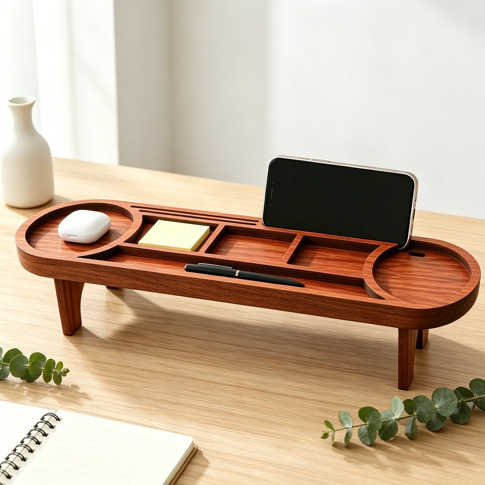 Desk Setup Home Office - Drewniany organizer na biurko ze stojakiem