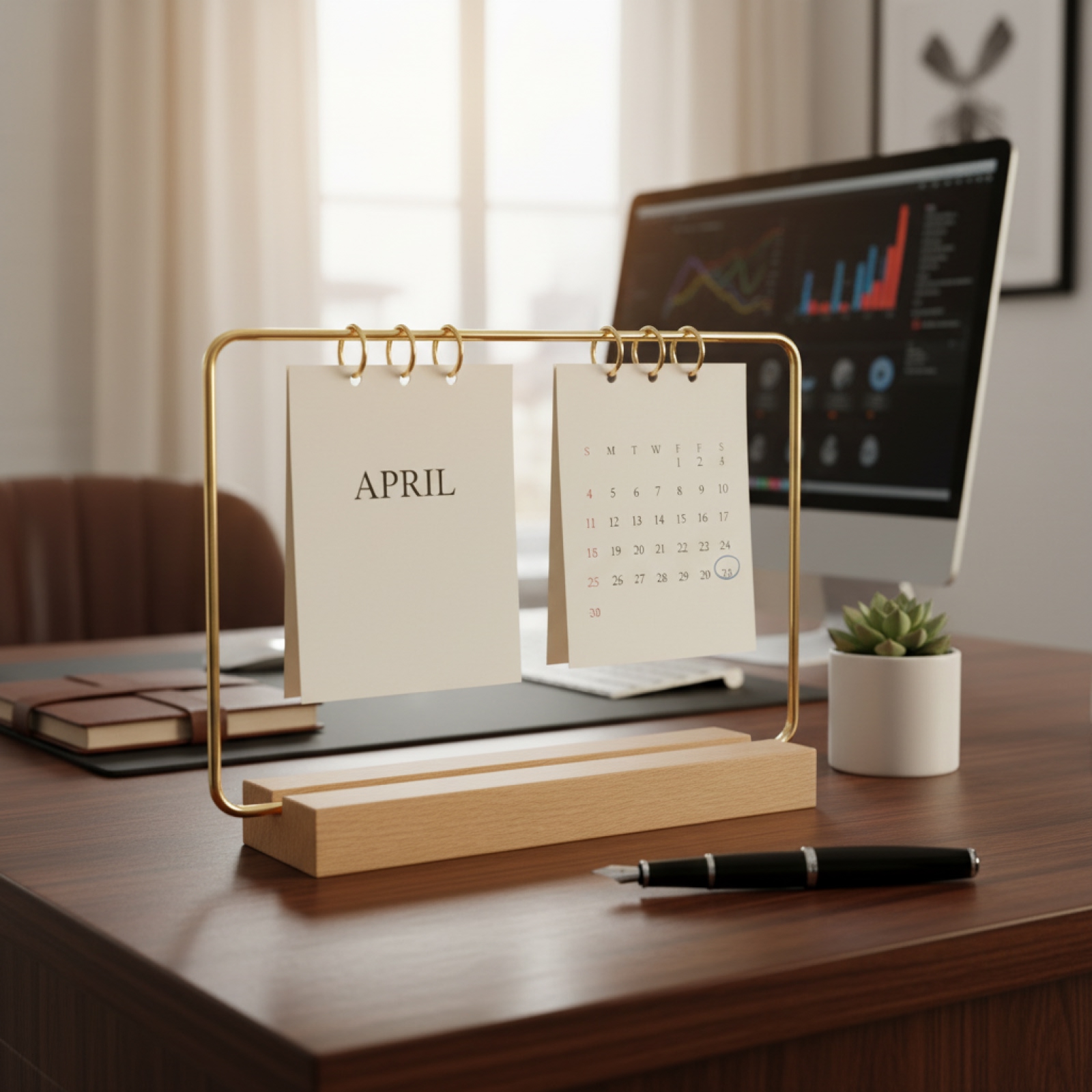 Desk Setup Wood - Drewniany stojak na kalendarz, stabilny, ręcznie