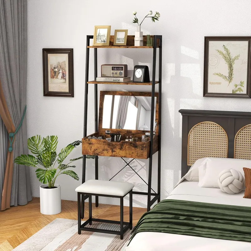 Desk Setup Small Space - Zestaw toaletki z drabiną i składanym